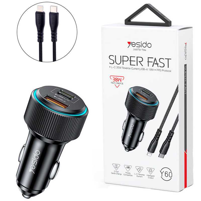 شارژر فندکی فست شارژ Yesido Y60 3A QC3.0 PD3.0 20W + کابل تبدیل آیفونی