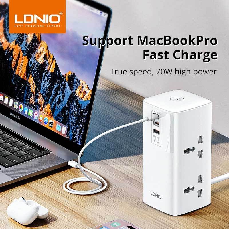 چند راهی 2 خانه برق ارت دار الدینیو SC4383 با کابل 2 متری + شارژر USB و Type-C