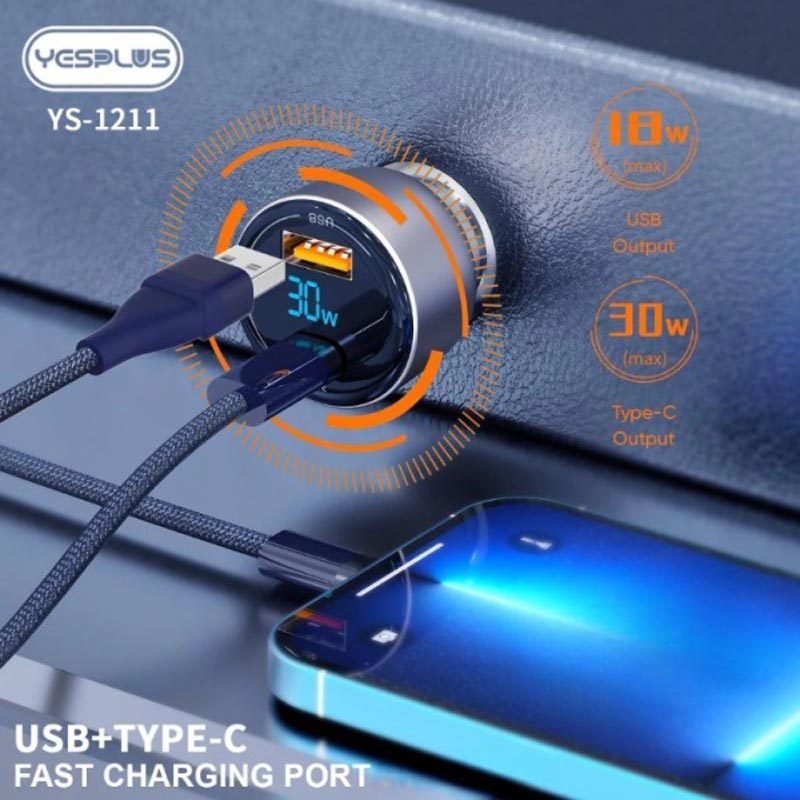 شارژر فندکی فست شارژ Yesplus YS-1211 QC3.0 PD 3A 30W