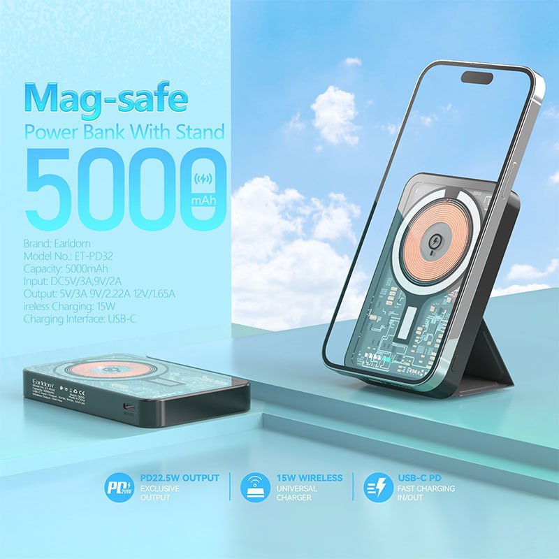 پاور بانک بی سیم فست شارژ ارلدام ET-PD32 PD 22.5W ظرفیت 5000 میلی آمپر ساعت