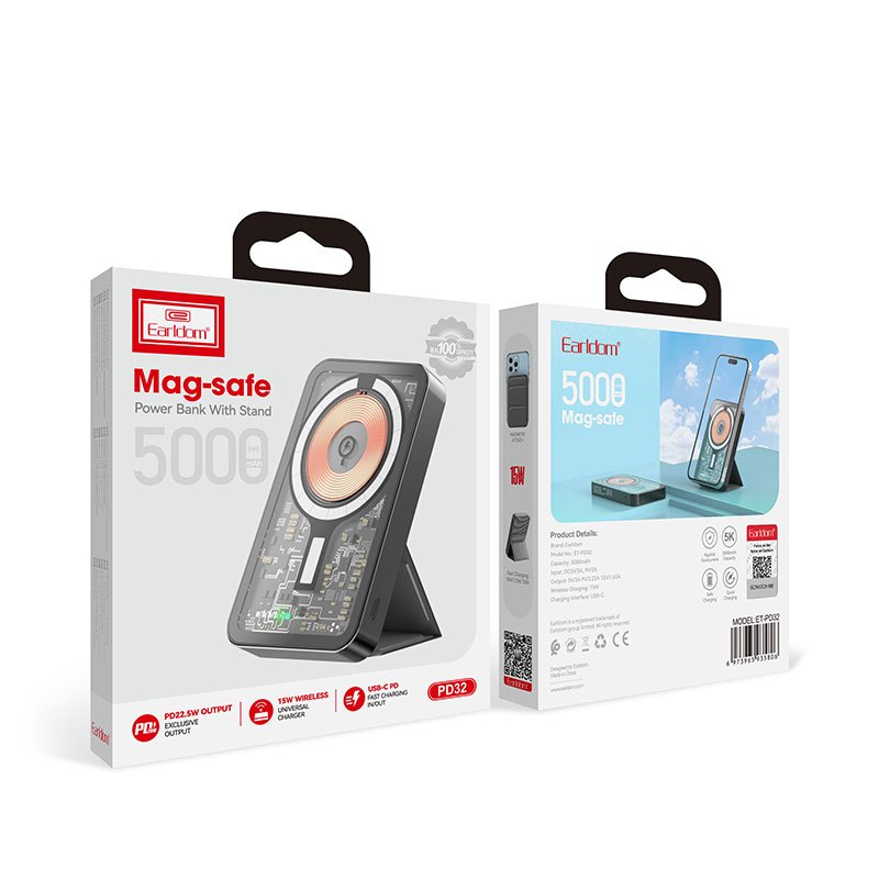 پاور بانک بی سیم فست شارژ ارلدام ET-PD32 PD 22.5W ظرفیت 5000 میلی آمپر ساعت