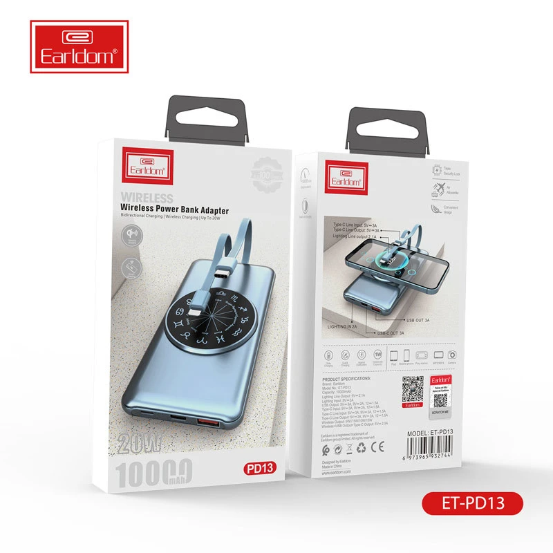 پاور بانک بی سیم فست شارژ ارلدام ET-PD13 QC 18W ظرفیت 10000 میلی آمپر ساعت