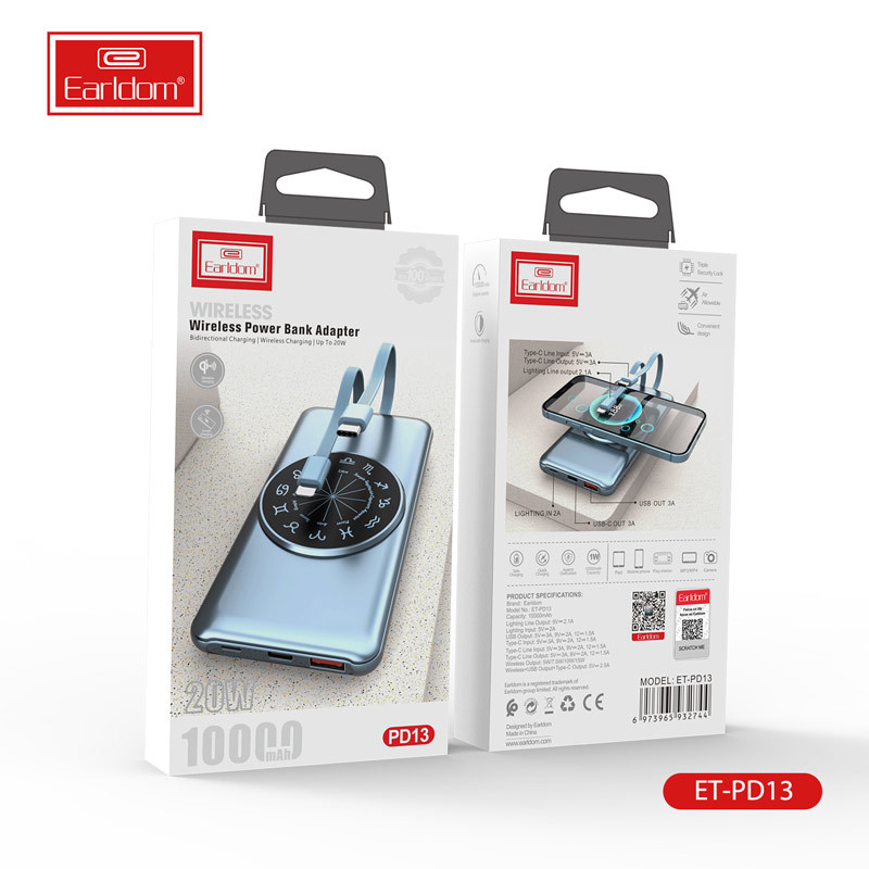 پاور بانک بی سیم فست شارژ ارلدام ET-PD13 QC 18W ظرفیت 10000 میلی آمپر ساعت