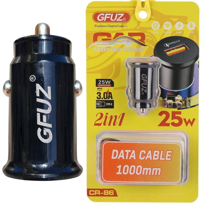 شارژر فندکی فست شارژ GFUZ CR-86 3A QC3.0 25W + کابل تایپ سی