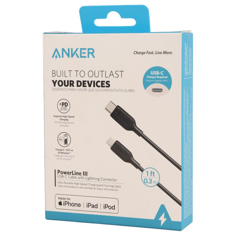 کابل تبدیل کوتاه فست شارژ Anker PowerLine III A8831H11 Type-C To Lightning PD 30cm
