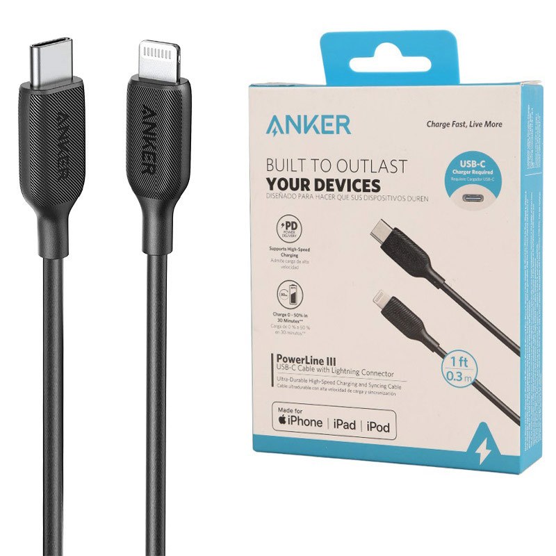کابل تبدیل کوتاه فست شارژ Anker PowerLine III A8831H11 Type-C To Lightning PD 30cm