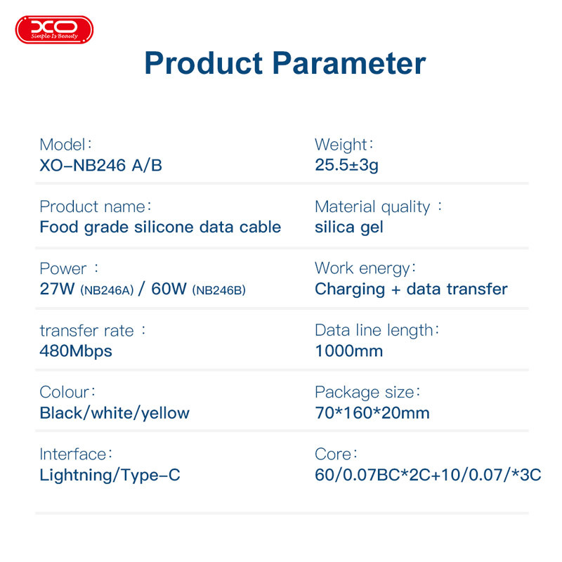 کابل تبدیل فست شارژ XO XO-NB246A Type-C To Lightning 27W 1m