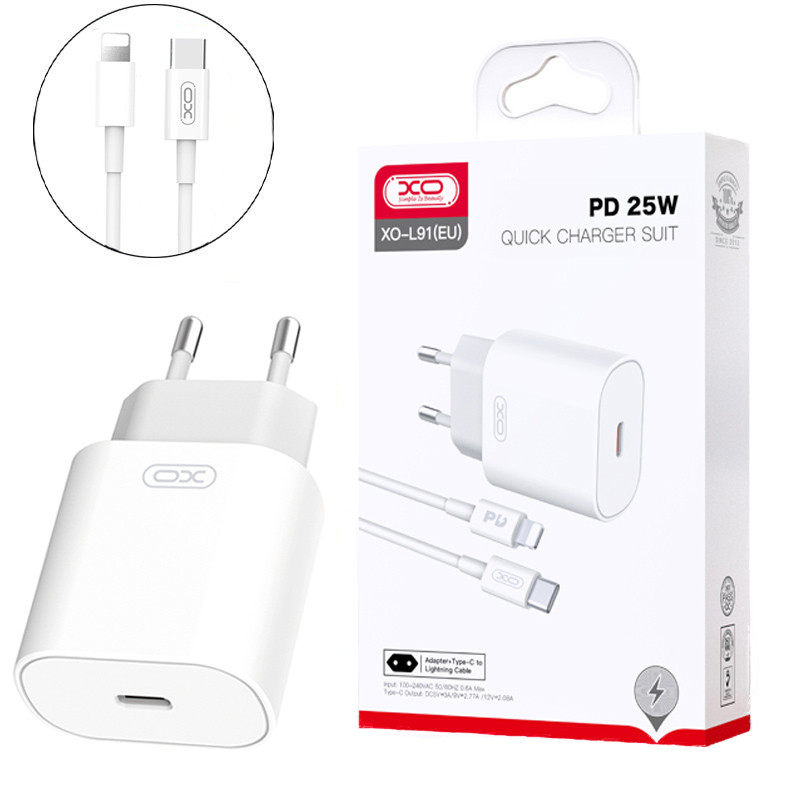 شارژر دیواری 25 وات ایکس او XO-L91 QC4.0+ PD3.0 3A + کابل تبدیل آیفونی