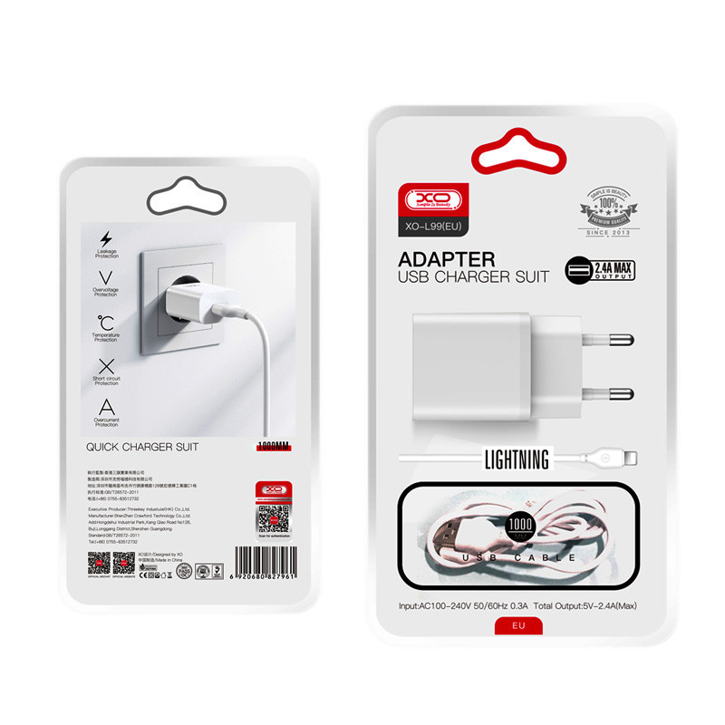 شارژر دیواری 12 وات ایکس او XO-L99 2.4A + کابل آیفونی