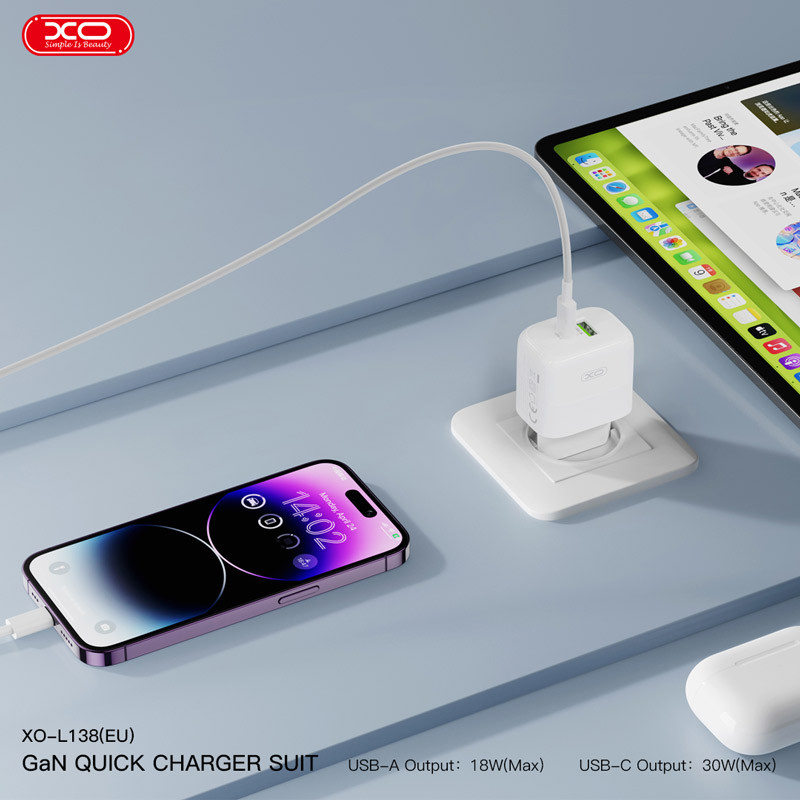 شارژر دیواری 30 وات ایکس او XO-L138 GaN PD 3A + کابل تبدیل آیفونی