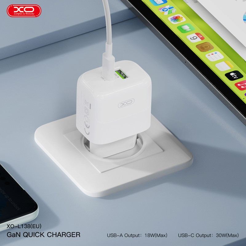 شارژر دیواری 30 وات ایکس او XO-L138 GaN PD 3A + کابل تبدیل تایپ سی