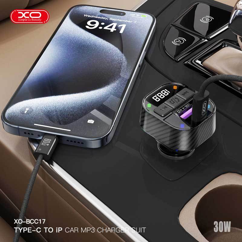 شارژر فندکی + FM Player بلوتوثی XO-BCC17 + کابل Type-C To Lightning