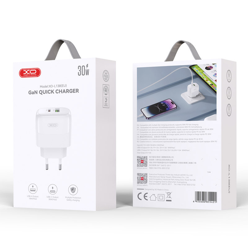 شارژر دیواری 30 وات ایکس او XO-L138 GaN PD 3A