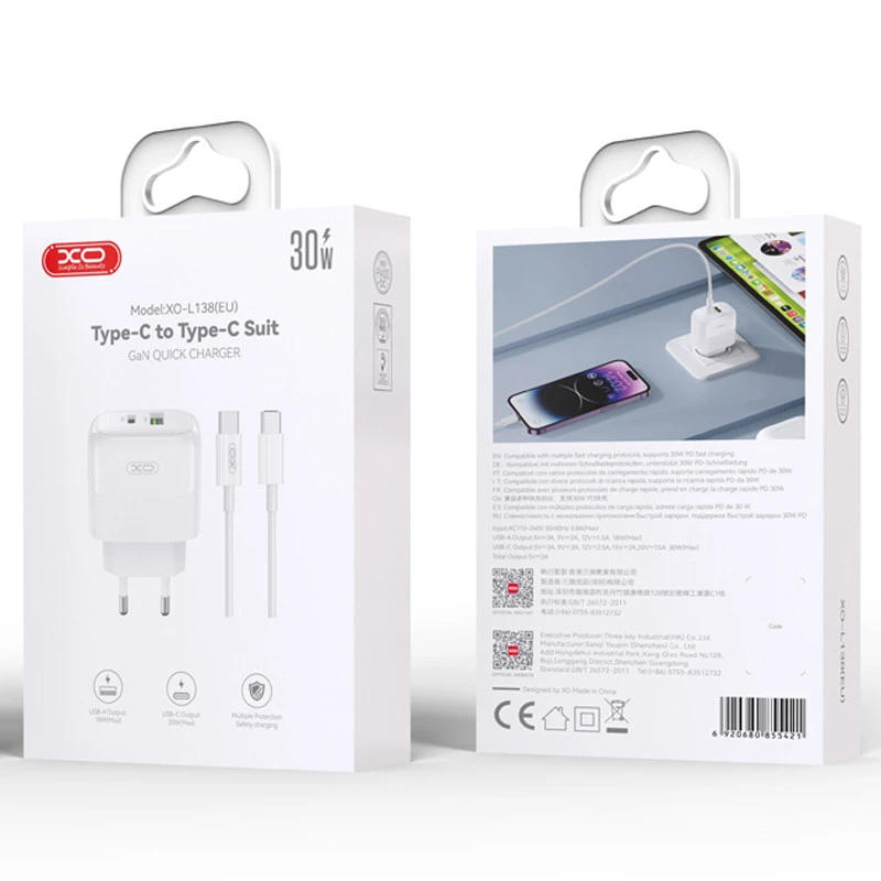 شارژر دیواری 30 وات ایکس او XO-L138 GaN PD 3A + کابل تبدیل تایپ سی