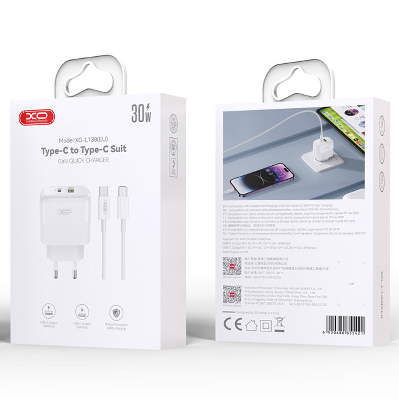 شارژر دیواری 30 وات ایکس او XO-L138 GaN PD 3A + کابل تبدیل تایپ سی