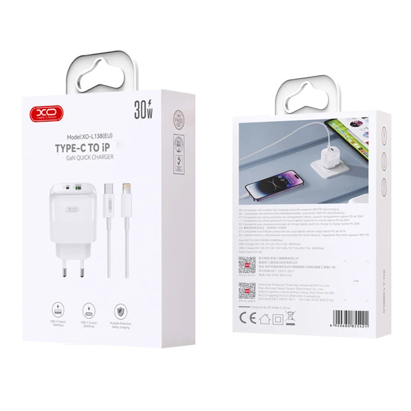 شارژر دیواری 30 وات ایکس او XO-L138 GaN PD 3A + کابل تبدیل آیفونی