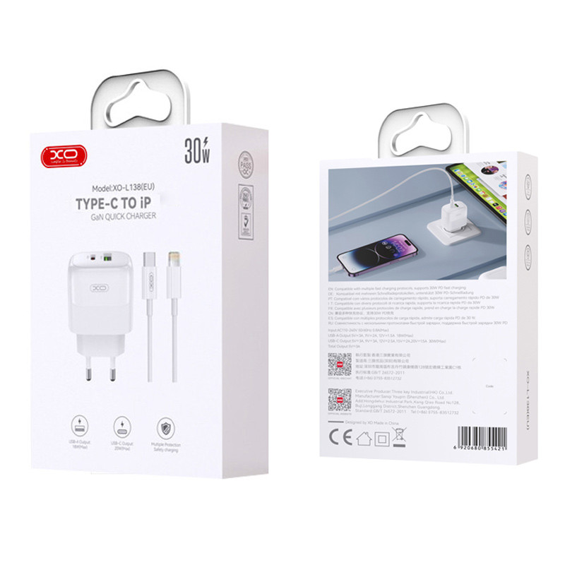 شارژر دیواری 30 وات ایکس او XO-L138 GaN PD 3A + کابل تبدیل آیفونی