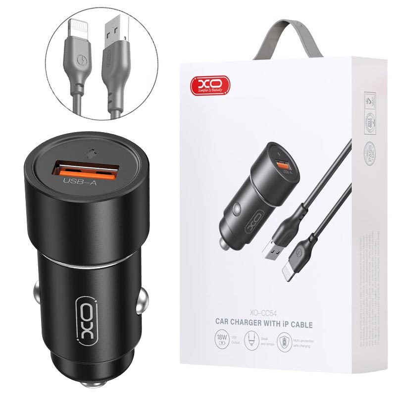 شارژر فندکی فست شارژ XO XO-CC54 3A QC PD 18W + کابل آیفونی