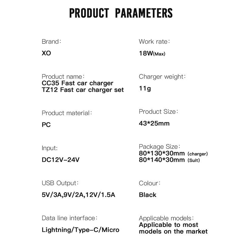 شارژر فندکی فست شارژ XO XO-TZ12 3A QC3.0 PD 18W + کابل تایپ سی
