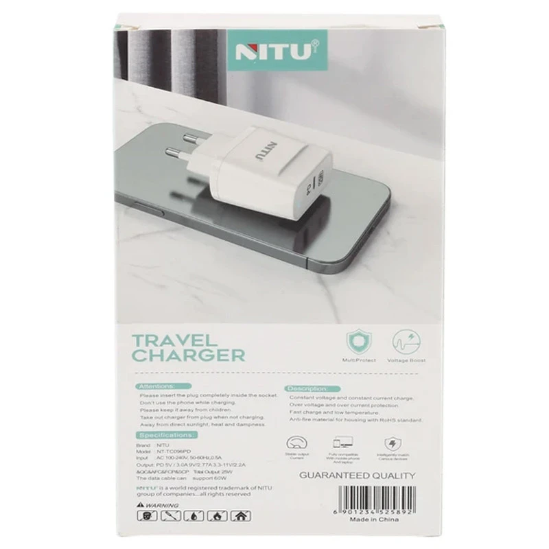 شارژر دیواری 25 وات نیتو NT-TC096PD PD 3A + کابل تبدیل تایپ سی