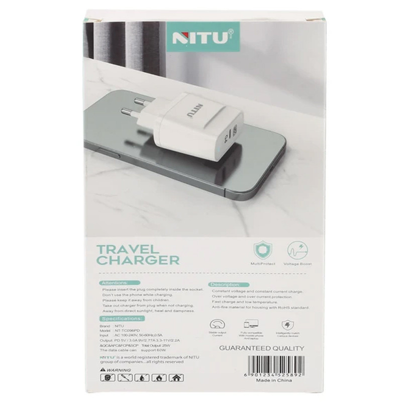 شارژر دیواری 25 وات نیتو NT-TC096PD PD 3A + کابل تبدیل تایپ سی