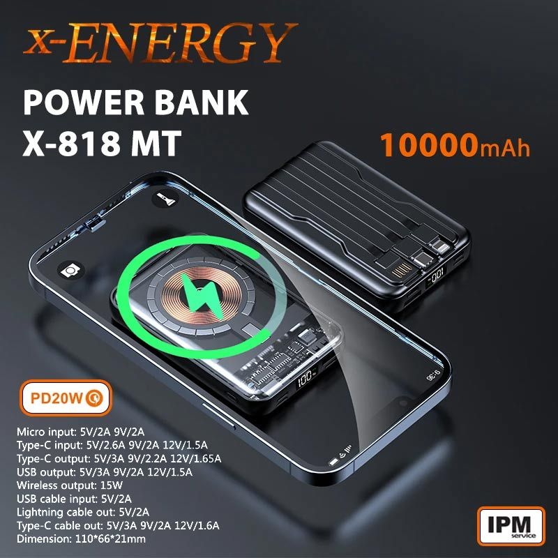 پاور بانک بی سیم فست شارژ ایکس انرژی X-818MT PD 20W ظرفیت 10000 میلی آمپر ساعت