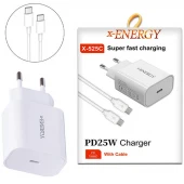 شارژر دیواری 25 وات ایکس انرژی X-525C PD 3A + کابل تبدیل تایپ سی