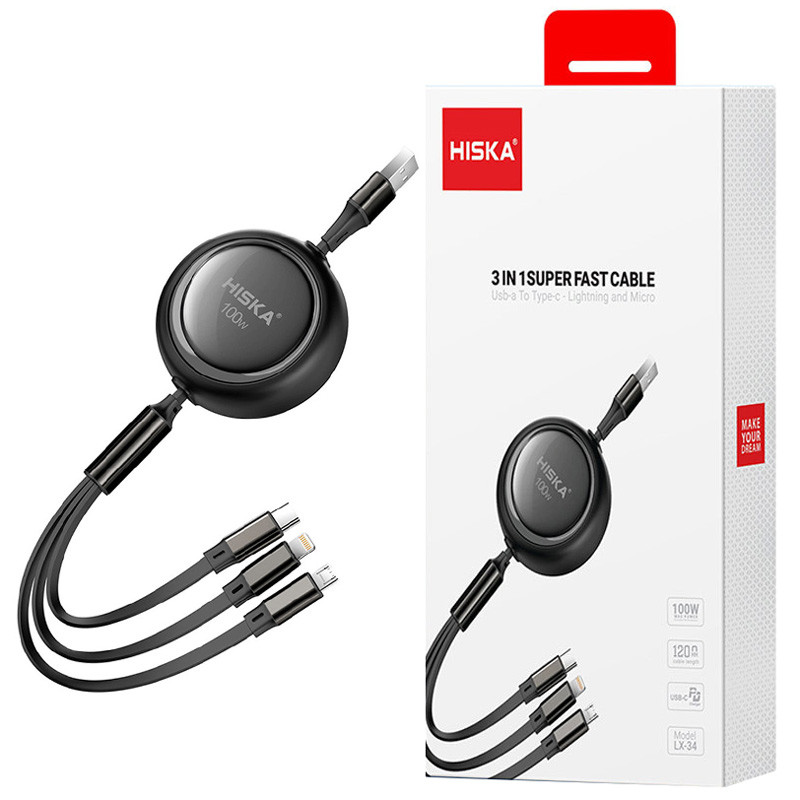 کابل 3 سر فست شارژ Hiska LX-34 5.3A 100W 1.2m