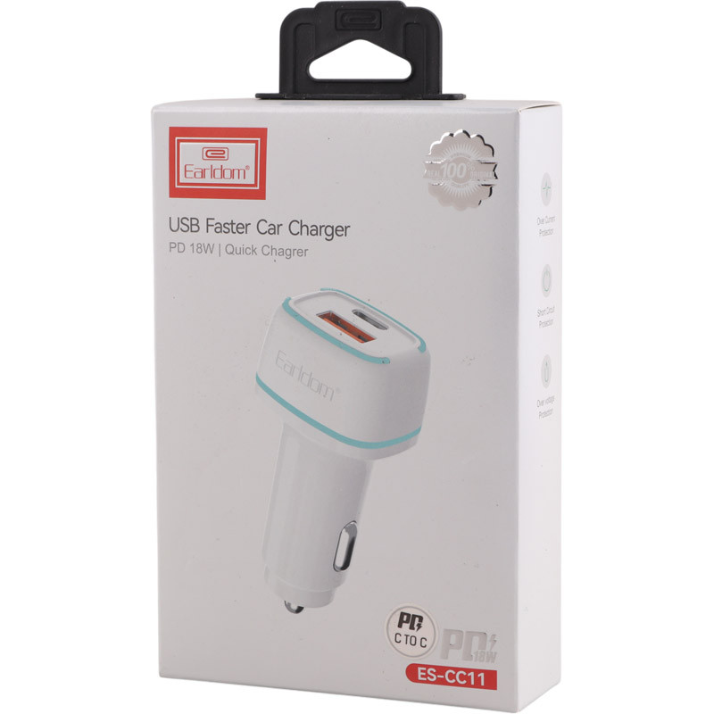 شارژر فندکی فست شارژ Earldom ES-CC11 PD 3A 18W + کابل تبدیل تایپ سی