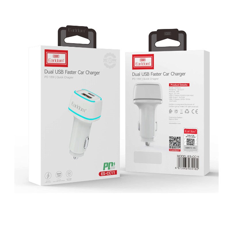 شارژر فندکی فست شارژ Earldom ES-CC11 PD 3A 18W + کابل تبدیل تایپ سی