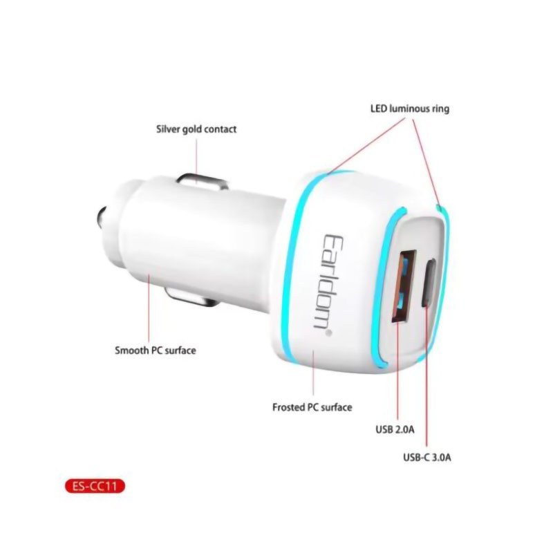 شارژر فندکی فست شارژ Earldom ES-CC11 PD 3A 18W + کابل تبدیل آیفونی