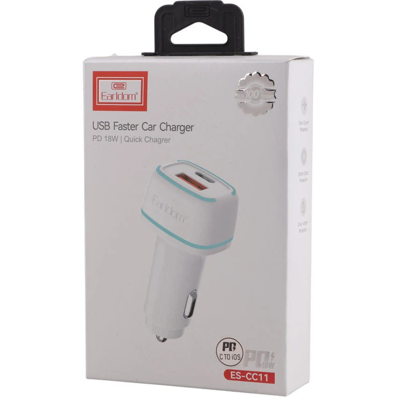 شارژر فندکی فست شارژ Earldom ES-CC11 PD 3A 18W + کابل تبدیل آیفونی