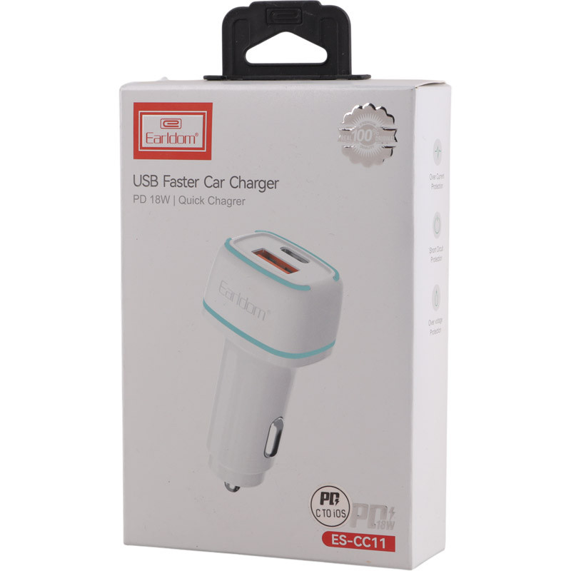 شارژر فندکی فست شارژ Earldom ES-CC11 PD 3A 18W + کابل تبدیل آیفونی