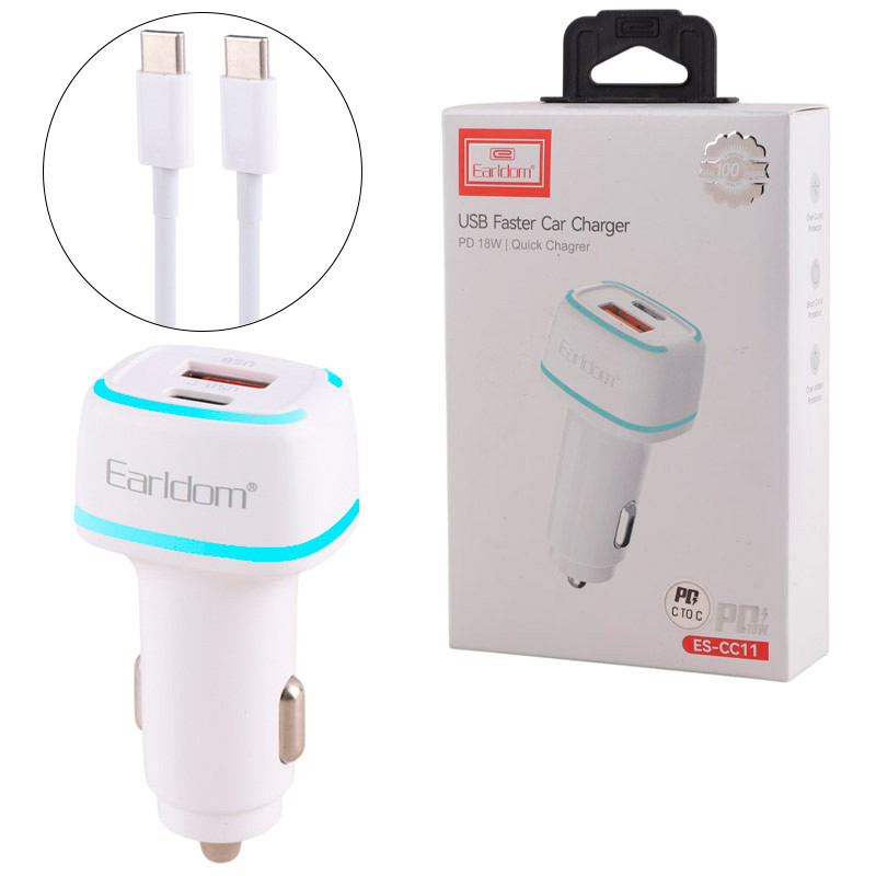 شارژر فندکی فست شارژ Earldom ES-CC11 PD 3A 18W + کابل تبدیل تایپ سی