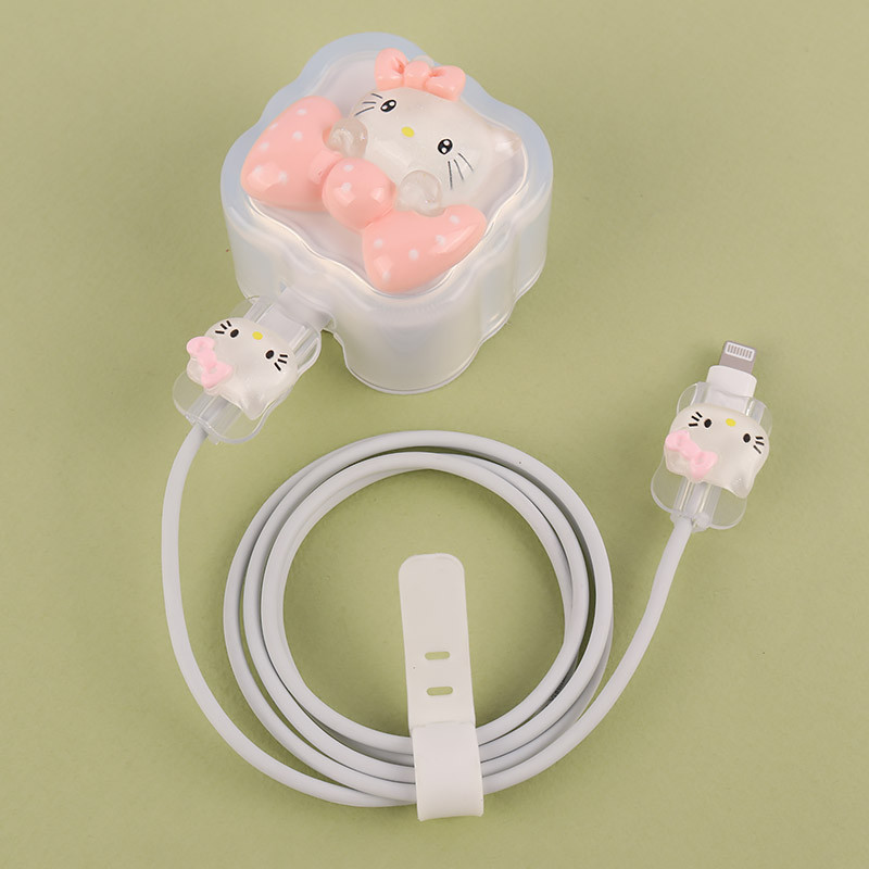 ست محافظ کابل و کلگی شارژر آیفون طرح Kitty پاپیونی