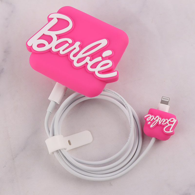 ست محافظ کابل و کلگی شارژر سیلیکونی آیفون طرح Barbie