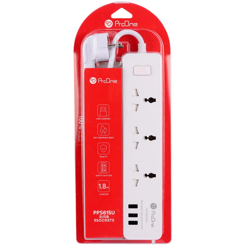 چند راهی 3 خانه ارت دار پرووان PPS615U با کابل 1.8 متری + شارژر USB