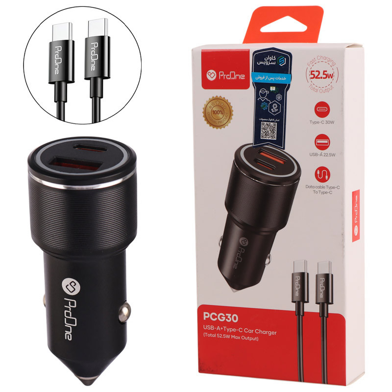شارژر فندکی فست شارژ ProOne PCG30 PD 3A 30W + کابل تبدیل تایپ سی