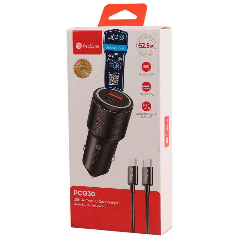 شارژر فندکی فست شارژ ProOne PCG30 PD 3A 30W + کابل تبدیل تایپ سی