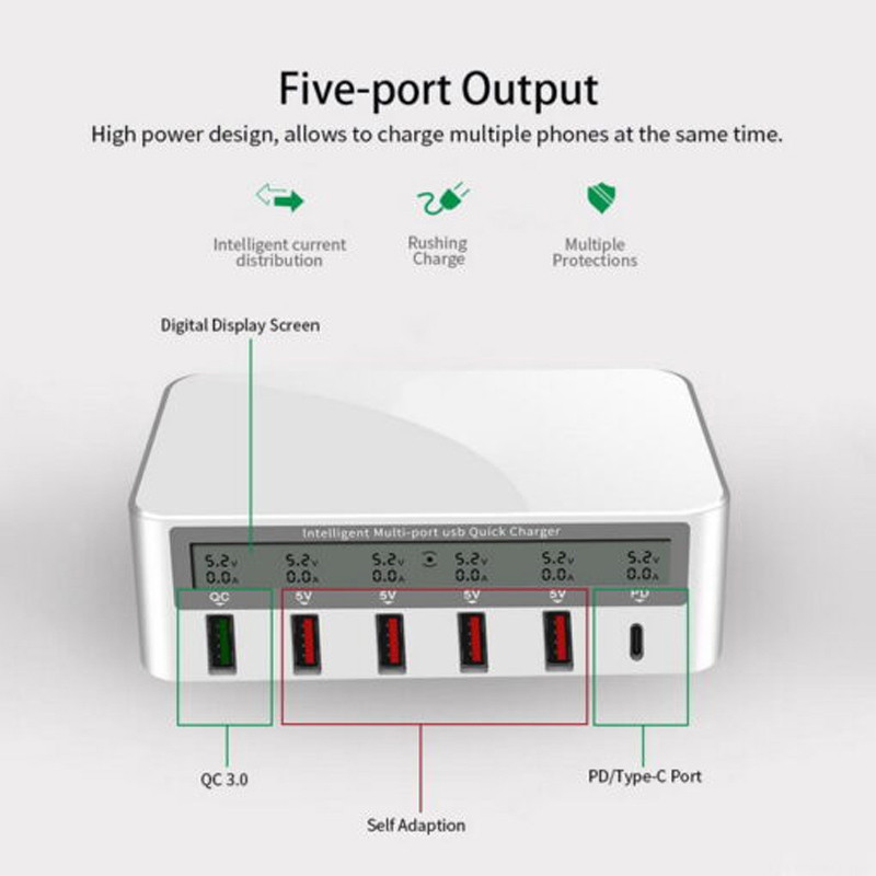 شارژر و تستر WLX 818PF 6Port QC3.0 PD 50W Type-C/USB