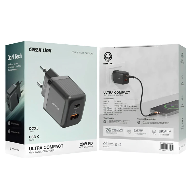 شارژر دیواری 20 وات گرین لاین Ultra Compact GL-WC31 GAN QC3.0 PD 3A