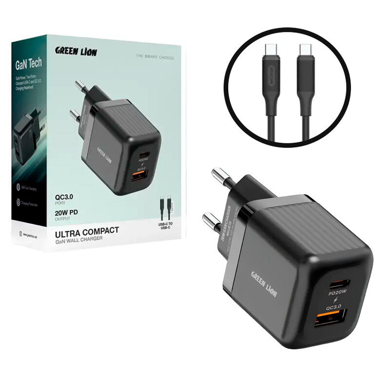 شارژر دیواری 20 وات گرین لاین Ultra Compact GL-WC31 GaN QC3.0 PD 3A + کابل تایپ سی