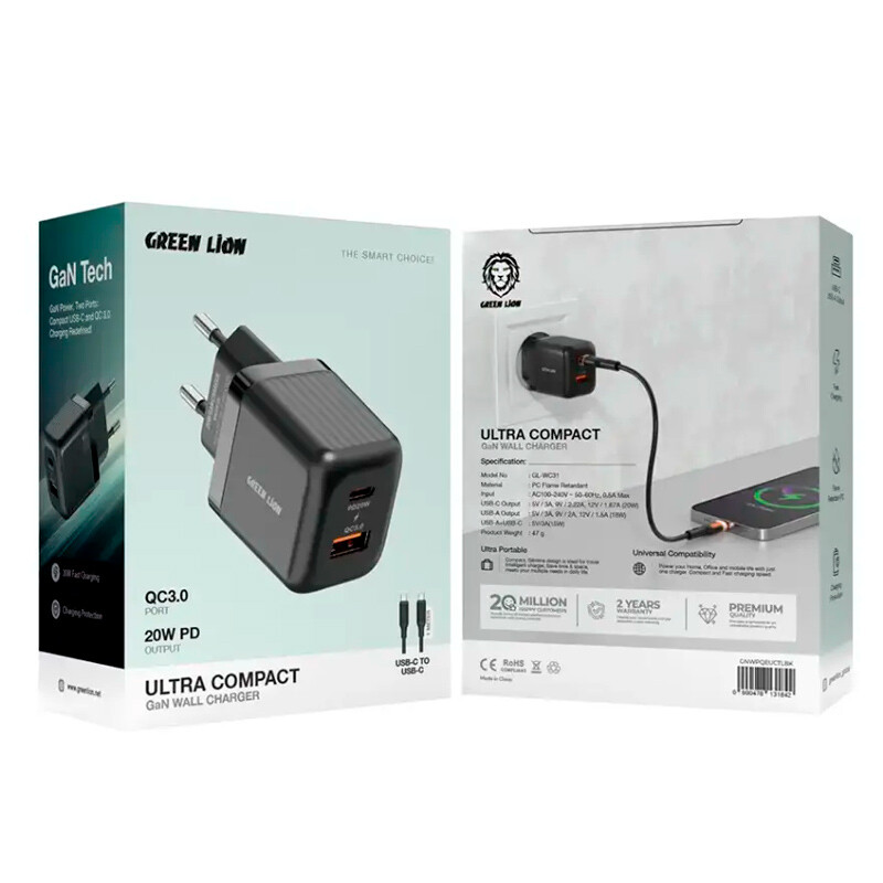 شارژر دیواری 20 وات گرین لاین Ultra Compact GL-WC31 GaN QC3.0 PD 3A + کابل تایپ سی