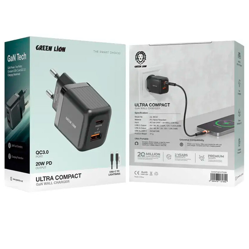 شارژر دیواری 20 وات گرین لاین Ultra Compact GL-WC31 GaN QC3.0 PD 3A + کابل تبدیل آیفونی