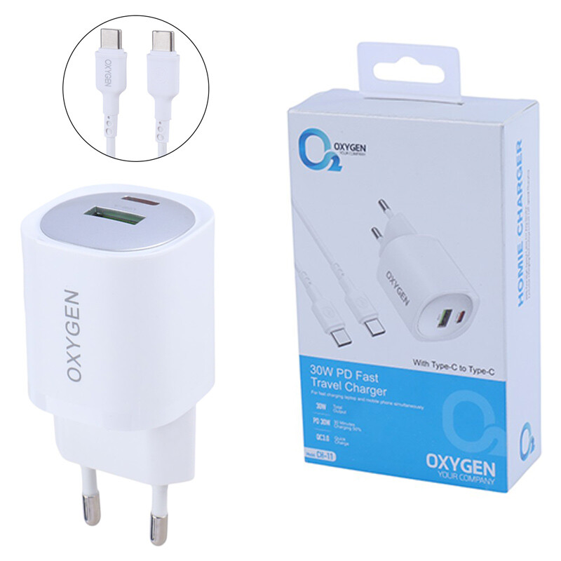 شارژر دیواری 30 وات اکسیژن CH-11 QC3.0 PD 3A + کابل تبدیل تایپ سی