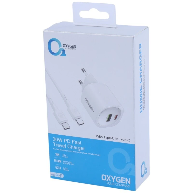 شارژر دیواری 30 وات اکسیژن CH-11 QC3.0 PD 3A + کابل تبدیل تایپ سی