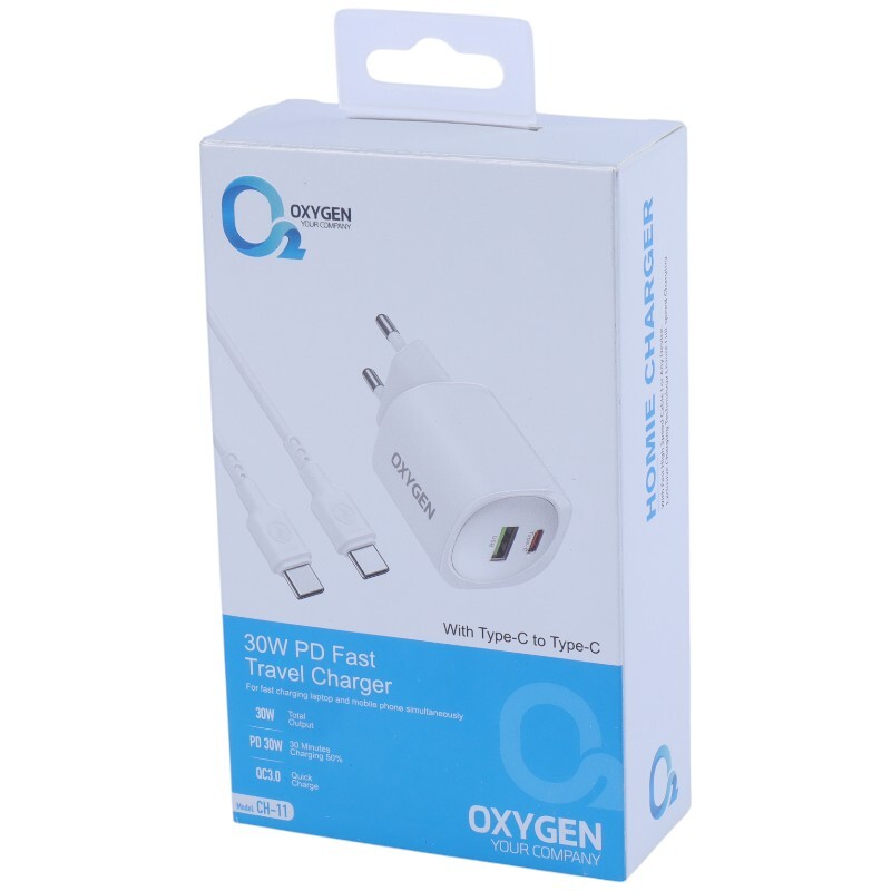شارژر دیواری 30 وات اکسیژن CH-11 QC3.0 PD 3A + کابل تبدیل تایپ سی