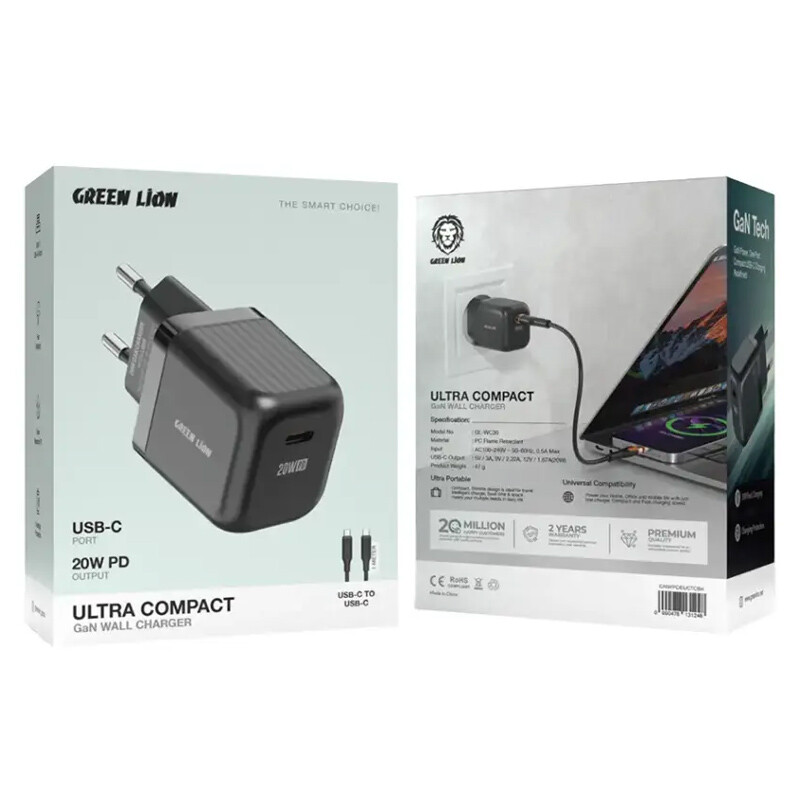 شارژر دیواری 20 وات گرین لاین Ultra Compact GL-WC30 GaN PD 3A + کابل تایپ سی