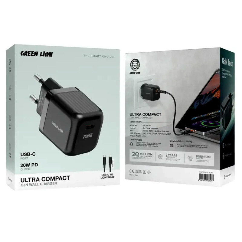 شارژر دیواری 20 وات گرین لاین Ultra Compact GL-WC30 GaN PD 3A + کابل تبدیل آیفونی