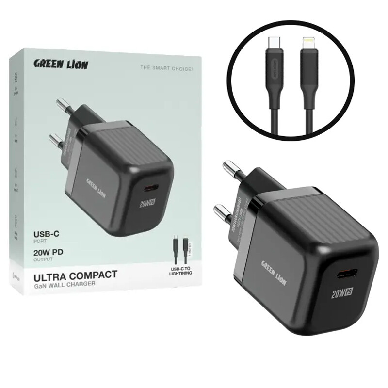 شارژر دیواری 20 وات گرین لاین Ultra Compact GL-WC30 GaN PD 3A + کابل تبدیل آیفونی